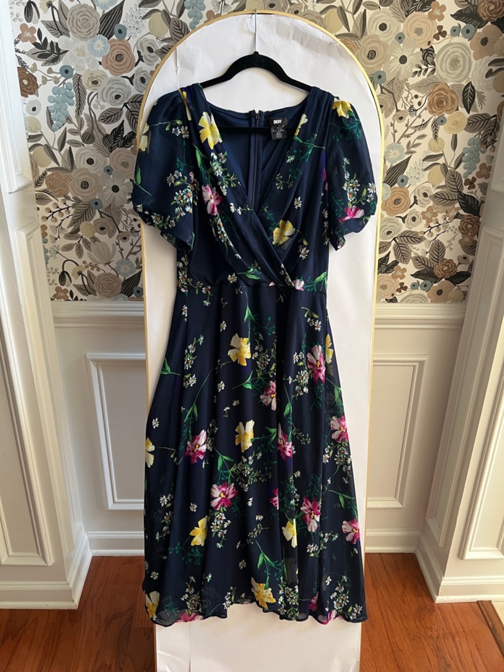 DKNY Navy Floral Wrap-Style Midi Dress with Yellow & Pink Blooms